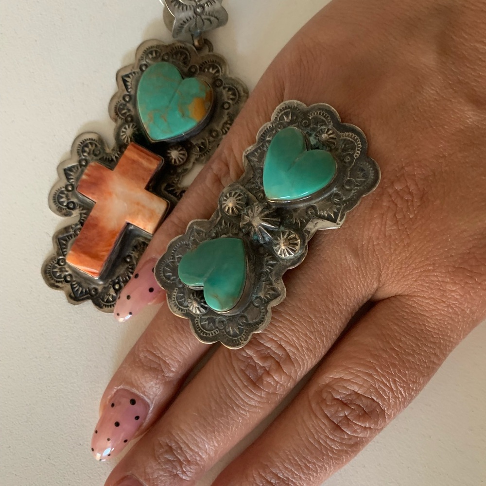 Turquoise and Orange Spiny Oyster Heart and Cross Pendant w/matching Ring